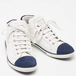 Chanel White/Blue Leather and Suede Lace Up High Top Sneakers Size 36