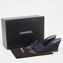 Chanel Navy Blue Canvas CC Wedge Slide Size 37.5