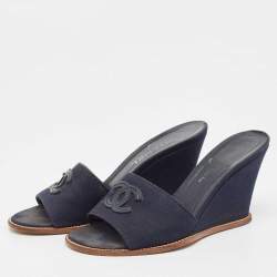 Chanel Navy Blue Canvas CC Wedge Slide Size 37.5