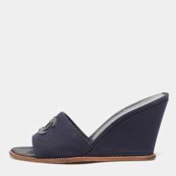 Chanel Navy Blue Canvas CC Wedge Slide Size 37.5