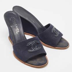 Chanel Navy Blue Canvas CC Wedge Slide Size 37.5