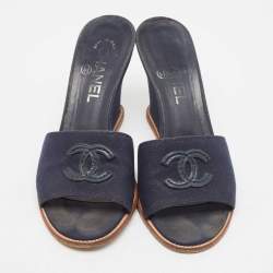 Chanel Navy Blue Canvas CC Wedge Slide Size 37.5