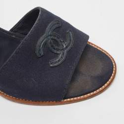Chanel Navy Blue Canvas CC Wedge Slide Size 37.5