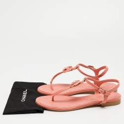 Pre Owned Chanel Coral Pink Patent CC Camellia Pearl Ankle Strap Flat Sandals Size 40