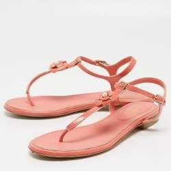 Pre Owned Chanel Coral Pink Patent CC Camellia Pearl Ankle Strap Flat Sandals Size 40