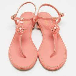 Pre Owned Chanel Coral Pink Patent CC Camellia Pearl Ankle Strap Flat Sandals Size 40