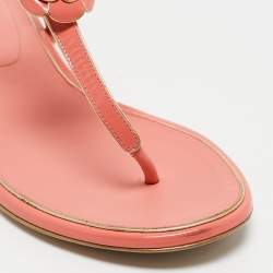 Pre Owned Chanel Coral Pink Patent CC Camellia Pearl Ankle Strap Flat Sandals Size 40