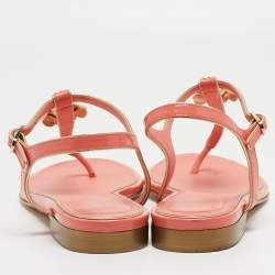 Pre Owned Chanel Coral Pink Patent CC Camellia Pearl Ankle Strap Flat Sandals Size 40