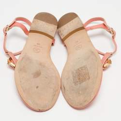 Pre Owned Chanel Coral Pink Patent CC Camellia Pearl Ankle Strap Flat Sandals Size 40