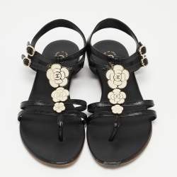 Pre Owned Chanel Black Leather CC Camellia Thong Flat Sandals Size 37.5