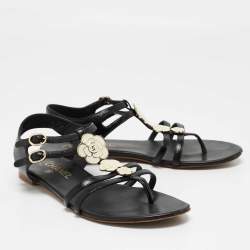 Pre Owned Chanel Black Leather CC Camellia Thong Flat Sandals Size 37.5