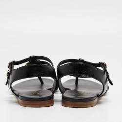 Pre Owned Chanel Black Leather CC Camellia Thong Flat Sandals Size 37.5