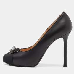 Pre Owned Chanel Black Leather and Canvas Camellia Embellished Cap Toe Pumps Size 41