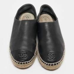 Pre Owned Chanel Navy Blue Leather Espadrille Flats Size 39