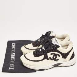 Chanel Cream/Black Suede CC Low Top Sneakers Size 39
