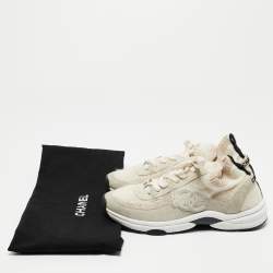 Chanel Grey/Beige Suede and Knit Fabric CC Low Top Sneakers Size 38.5