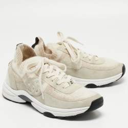 Chanel Grey/Beige Suede and Knit Fabric CC Low Top Sneakers Size 38.5