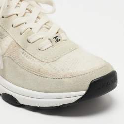 Chanel Grey/Beige Suede and Knit Fabric CC Low Top Sneakers Size 38.5