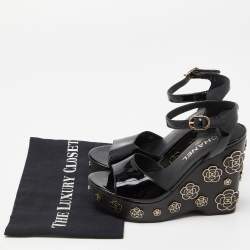 Chanel Black Patent Leather Camellia Embellished Open Toe Wedge Sandals Size 36