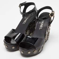 Chanel Black Patent Leather Camellia Embellished Open Toe Wedge Sandals Size 36