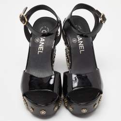 Chanel Black Patent Leather Camellia Embellished Open Toe Wedge Sandals Size 36