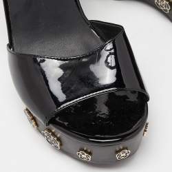 Chanel Black Patent Leather Camellia Embellished Open Toe Wedge Sandals Size 36