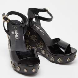 Chanel Black Patent Leather Camellia Embellished Open Toe Wedge Sandals Size 36