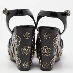 Chanel Black Patent Leather Camellia Embellished Open Toe Wedge Sandals Size 36