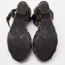 Chanel Black Patent Leather Camellia Embellished Open Toe Wedge Sandals Size 36