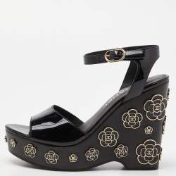 Chanel Black Patent Leather Camellia Embellished Open Toe Wedge Sandals Size 36