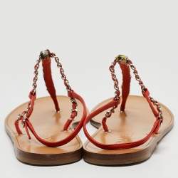 Chanel Red Leather and Tweed  Thong CC Flat Sandals Size 39