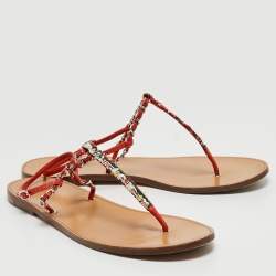 Chanel Red Leather and Tweed  Thong CC Flat Sandals Size 39