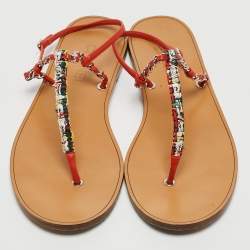 Chanel Red Leather and Tweed  Thong CC Flat Sandals Size 39