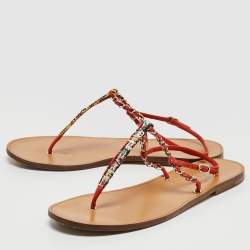 Chanel Red Leather and Tweed  Thong CC Flat Sandals Size 39