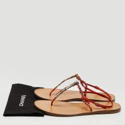 Chanel Red Leather and Tweed  Thong CC Flat Sandals Size 39