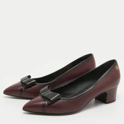 Pre Owned Chanel Burgundy/Black Leather Bow CC Pointed Toe Pumps Size 40