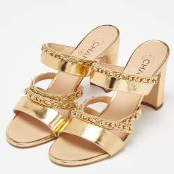 Chanel Gold Leather Chain Embellished Block Heel Slide Sandals Size 38.5