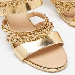  Chanel Gold Leather Chain Embellished Block Heel Slide Sandals Size 38.5