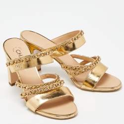 Chanel Gold Leather Chain Embellished Block Heel Slide Sandals Size 38.5