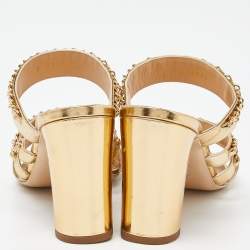  Chanel Gold Leather Chain Embellished Block Heel Slide Sandals Size 38.5