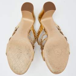  Chanel Gold Leather Chain Embellished Block Heel Slide Sandals Size 38.5