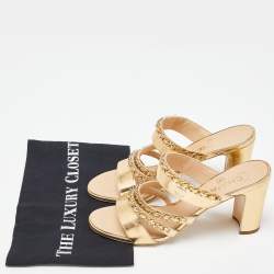  Chanel Gold Leather Chain Embellished Block Heel Slide Sandals Size 38.5