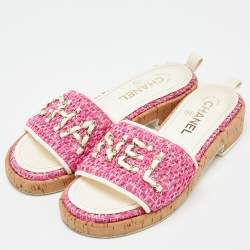 Pre Owned Chanel Pink/White Tweed and Leather Chain Detail Cork Slide Sandals Size 37