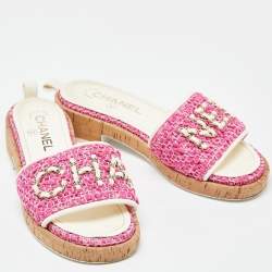 Pre Owned Chanel Pink/White Tweed and Leather Chain Detail Cork Slide Sandals Size 37