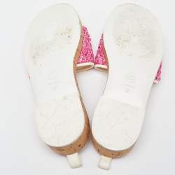 Pre Owned Chanel Pink/White Tweed and Leather Chain Detail Cork Slide Sandals Size 37