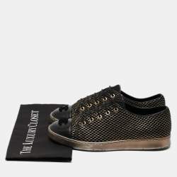 Pre Owned Chanel Black/Gold Mesh and Leather CC Cap Toe Lace Up Sneakers Size 40