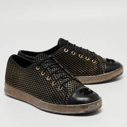Pre Owned Chanel Black/Gold Mesh and Leather CC Cap Toe Lace Up Sneakers Size 40