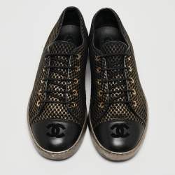 Pre Owned Chanel Black/Gold Mesh and Leather CC Cap Toe Lace Up Sneakers Size 40
