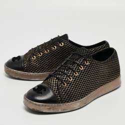 Pre Owned Chanel Black/Gold Mesh and Leather CC Cap Toe Lace Up Sneakers Size 40