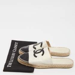 Pre Owned Chanel Black/White Leather CC Cap Toe Espadrille Flat Mules Size 41